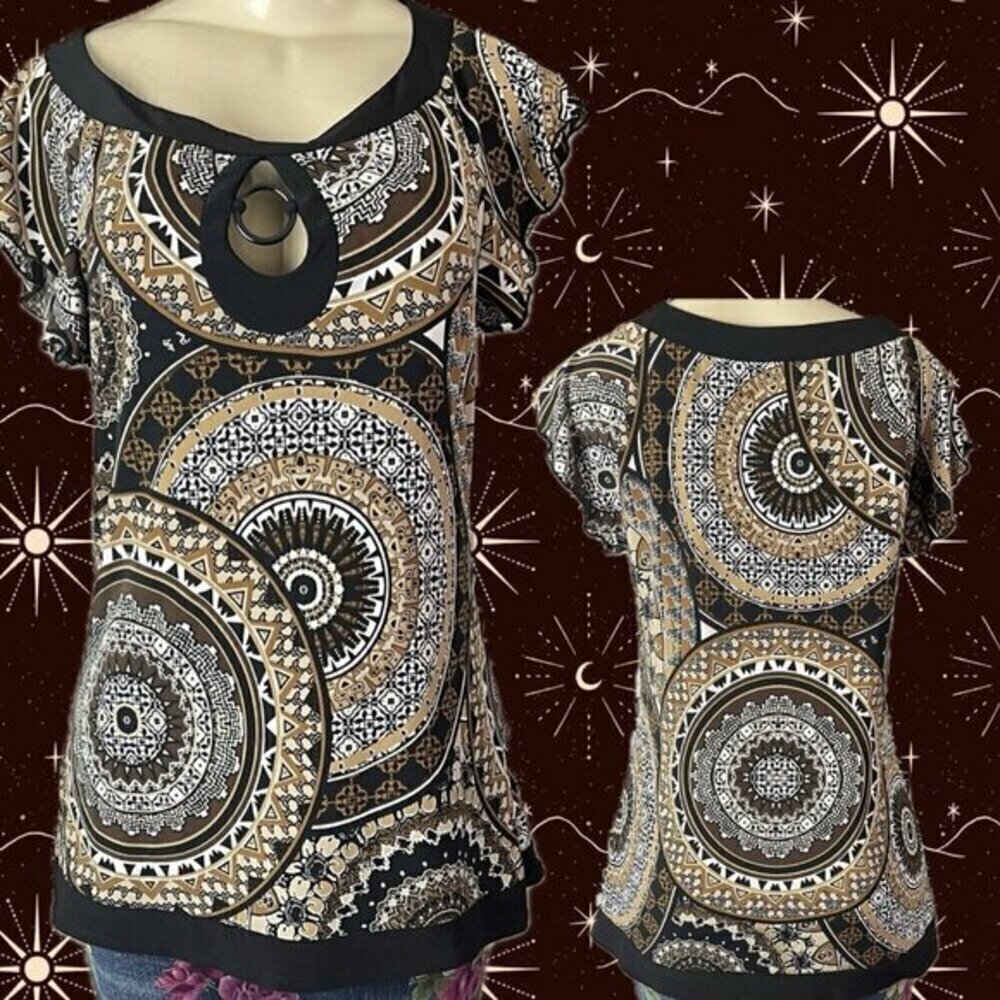 GNW S Black-Brown Geometric Print Scoop Keyhole Neckline Cap Sleeve Top